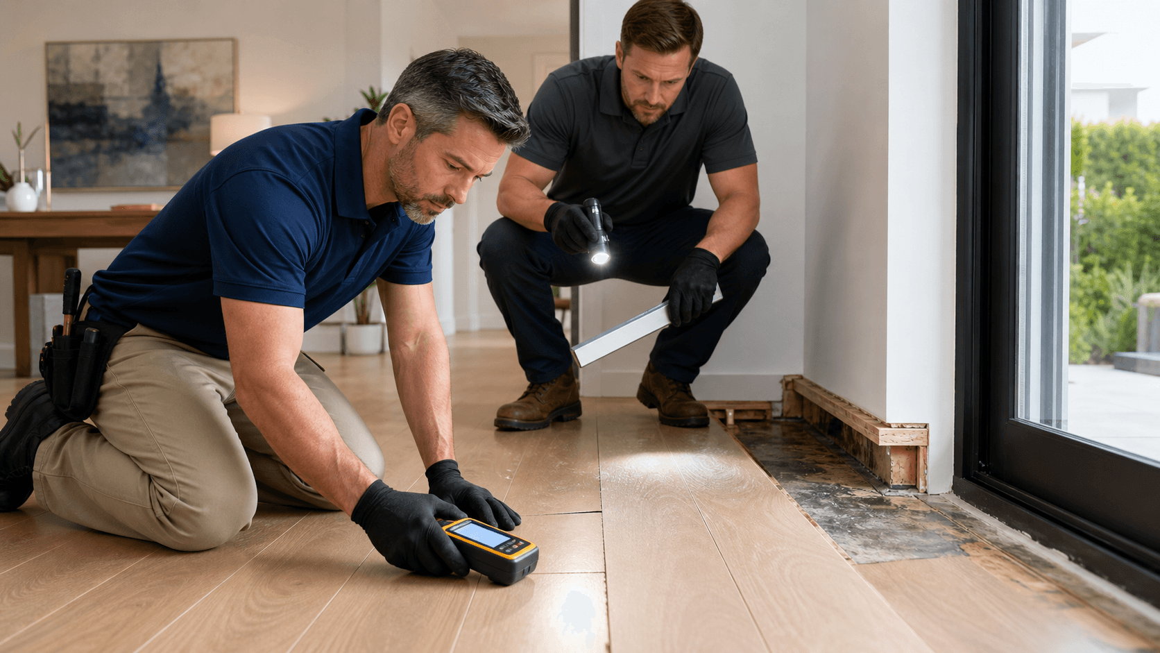 Inspector kneeling with clipboard beside newly installed hardwood floor in bright room with soft natural light