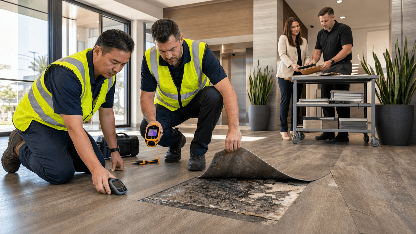 Worker in safety vest inspects a polished concrete floor in a bright commercial space with orange accents.